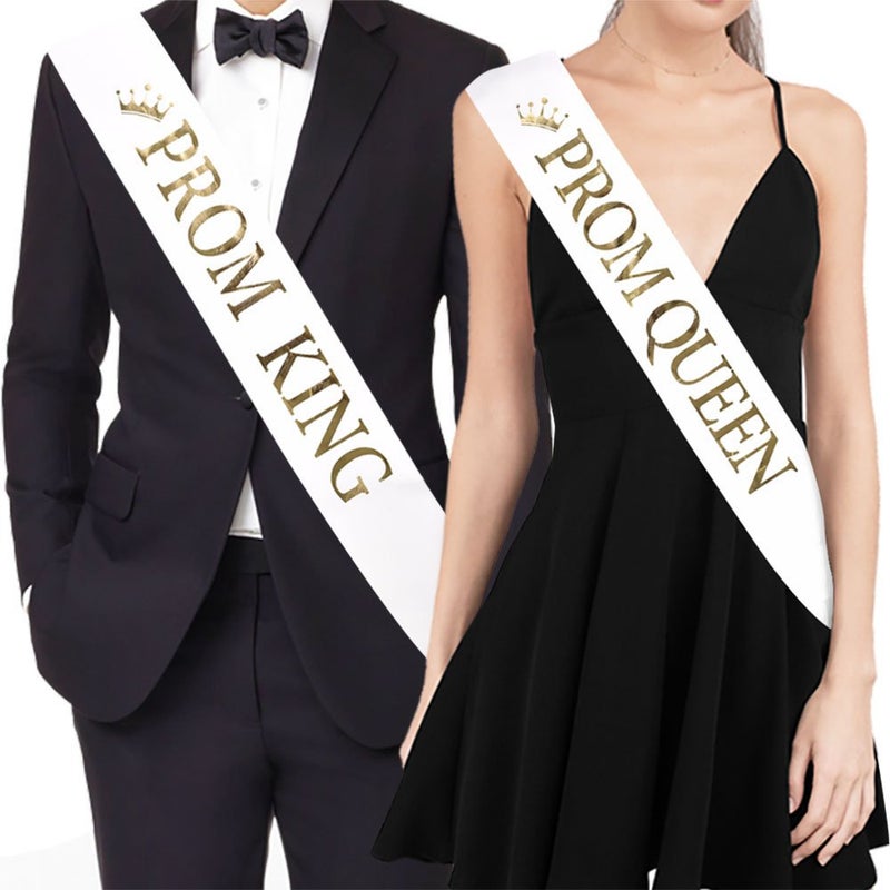 TTCOROCK "Prom King" and "Prom Queen" Sashes - Graduation Party School Party Accessories, White with Gold Print - Image 1